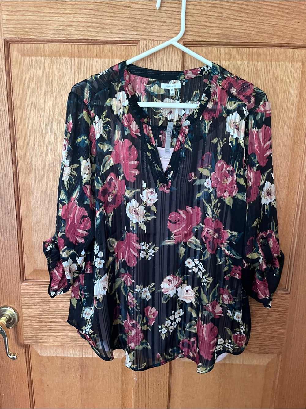 Maurice’s Floral V-Neck Sheer Blouse - Black with Rose Print